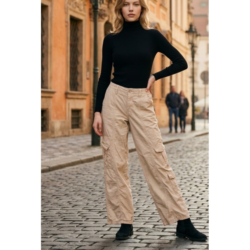 Urban Outfitters BDG Y2k Cargo Wide Leg Pants Tan SZ M Cotton Mid Rise